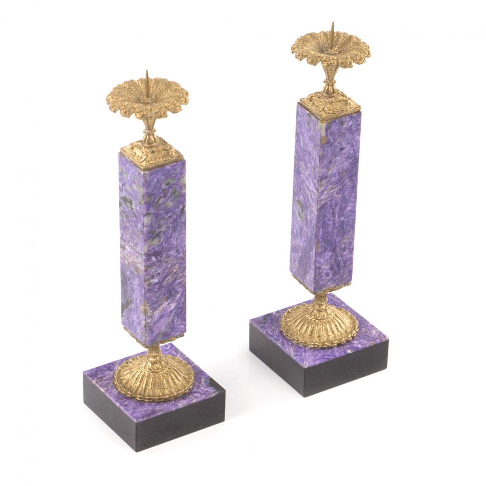 Настольные подсвечники из натурального камня чароит с бронзой пара фото 1 — 