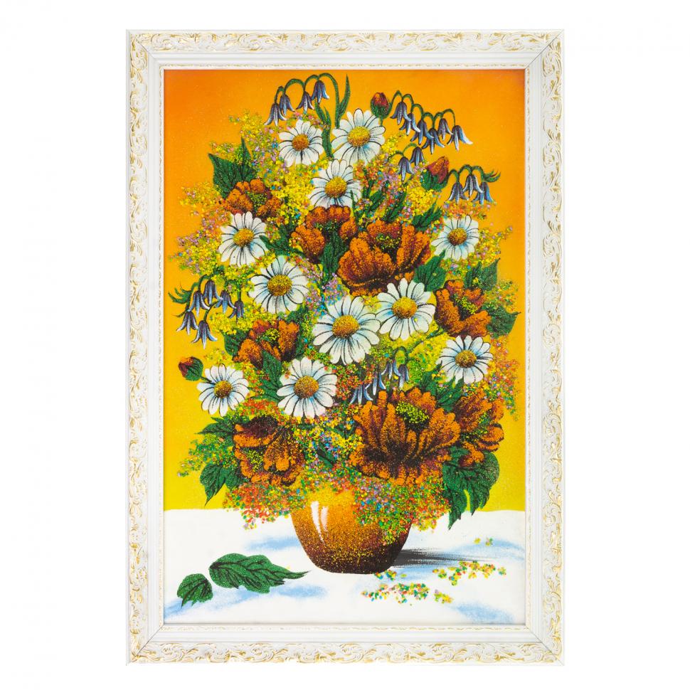 Картина "Букет из маков и ромашек" 47х67 см белый багет желтый фон фото 1 — 