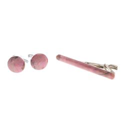 Набор запонки круглые и зажим для галстука камень родонит — 