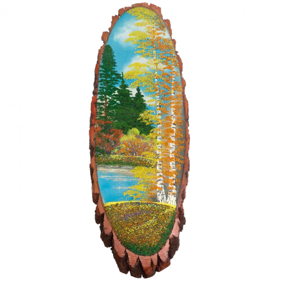 Панно на срезе дерева "Осень" вертикальное 100-105 см каменная крошка фото 1 — 