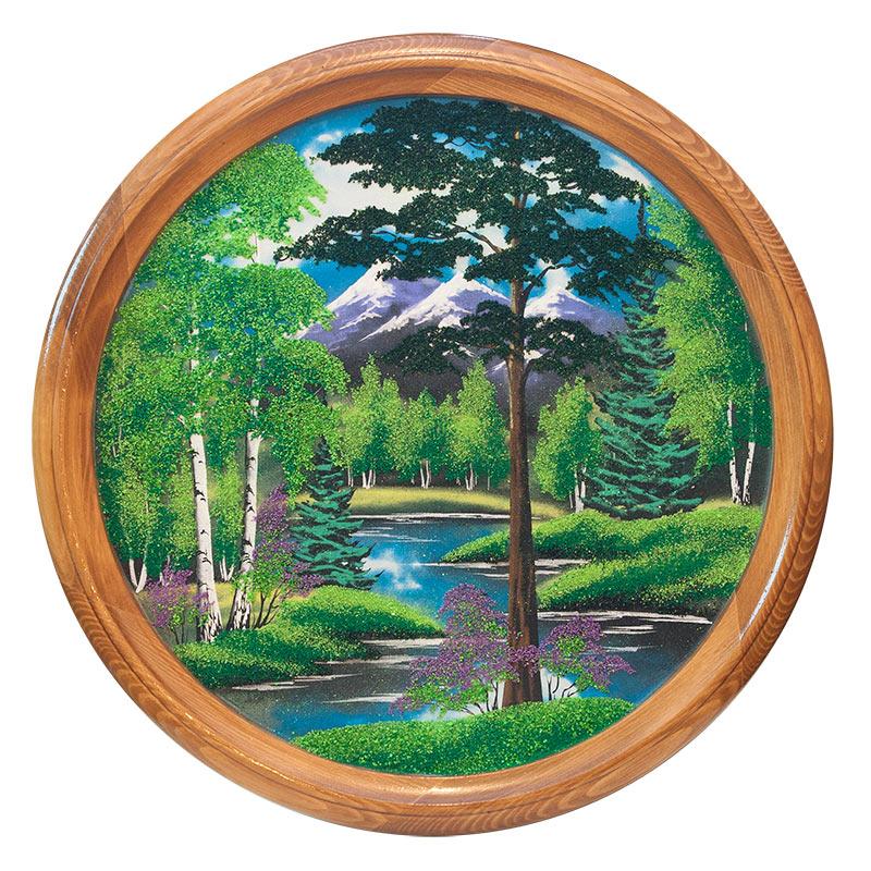 Панно каменное на тарелке из дерева "Летний пейзаж" 60 см фото 1 — 