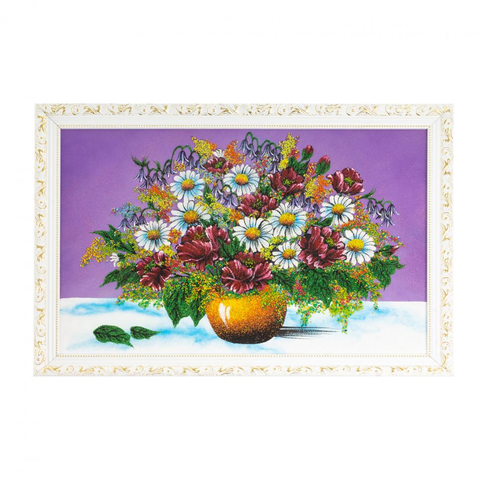 Картина "Букет из маков и ромашек" 47х67 см белый багет сиреневый фон фото 1 — 