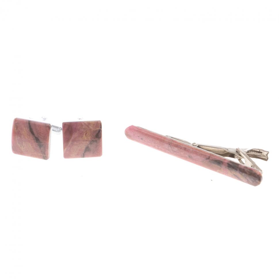 Набор запонки прямоугольные и зажим для галстука камень родонит фото 1 — 