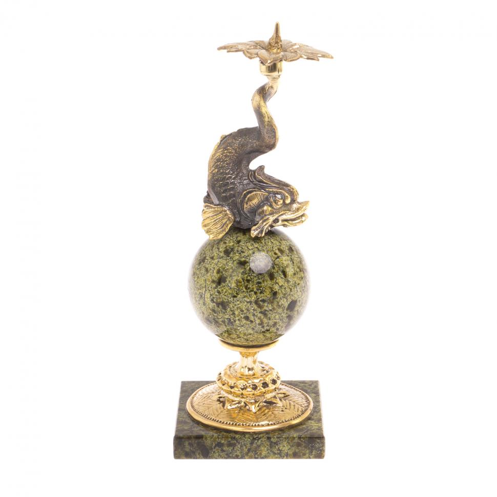 Подсвечник "Рыбка на шаре" змеевик бронза фото 1 — 