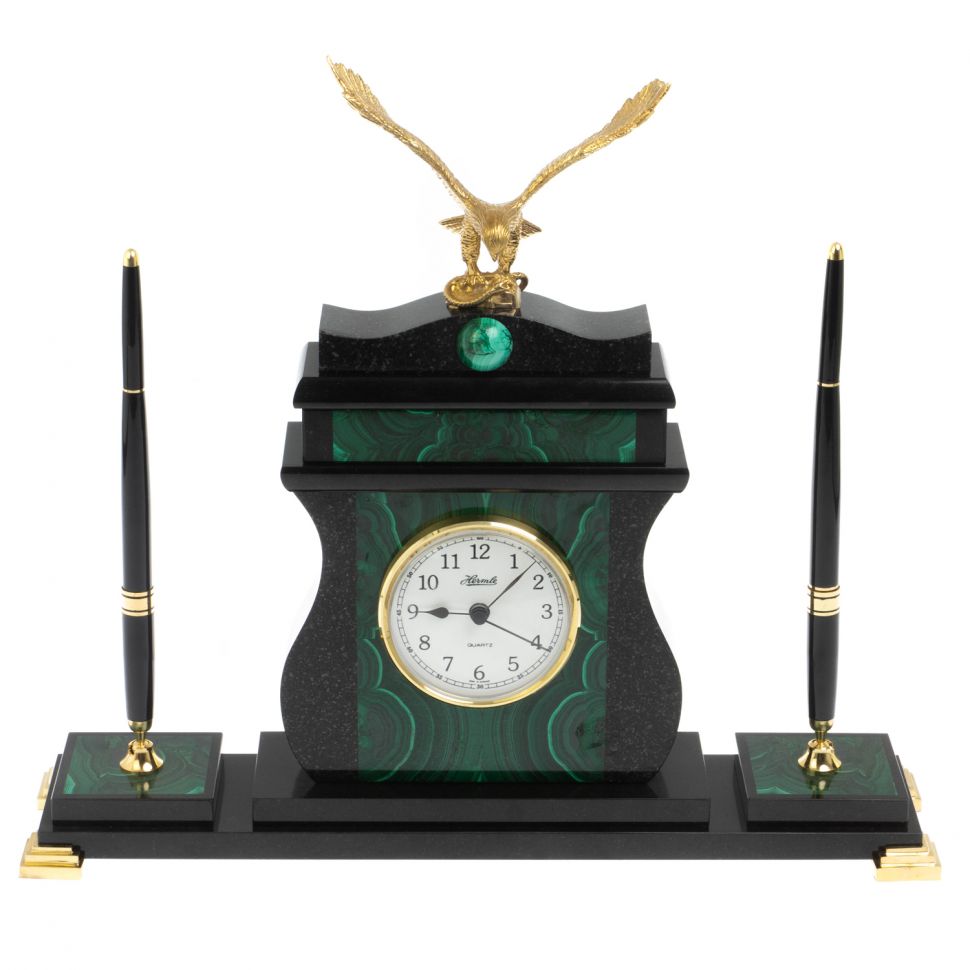 Настольные часы с ручками "Орел" из малахита фото 1 — 