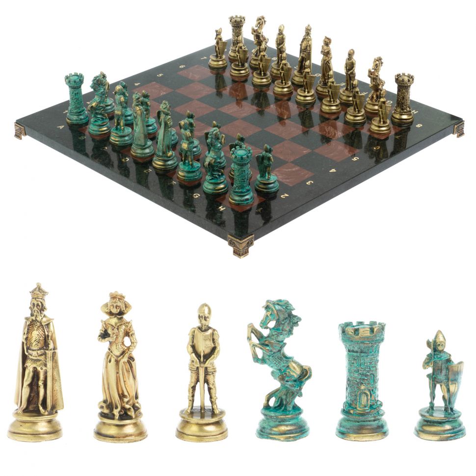 Шахматы "Средневековые рыцари" фигуры бронза / патина 44х44 см лемезит фото 1 — 