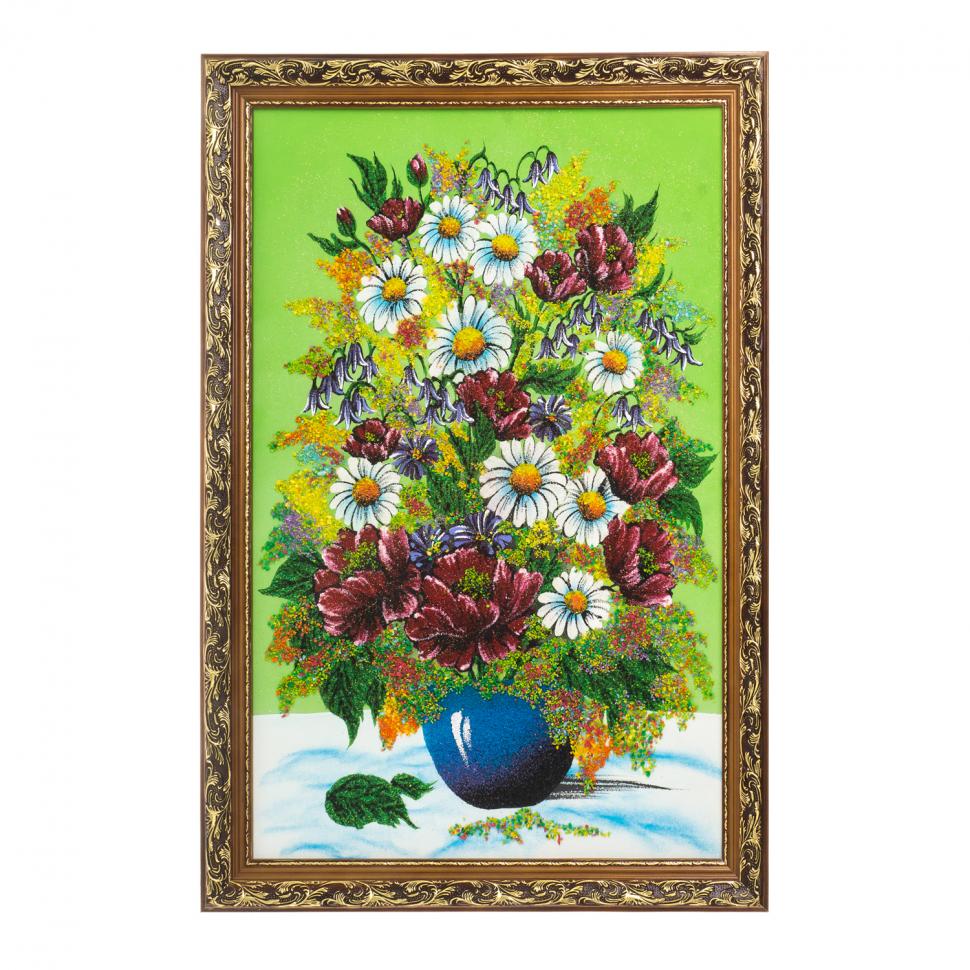 Картина "Букет из маков и ромашек" 47х67 см багет зеленый фон фото 1 — 