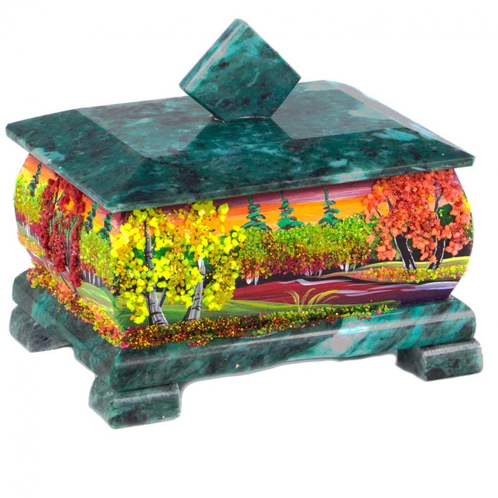 Шкатулка с рисунком "Осень" из змеевика 13х10х11 см фото 1 — 