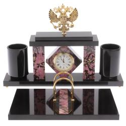 Письменный набор с часами &quot;Герб РФ&quot; из родонита — 