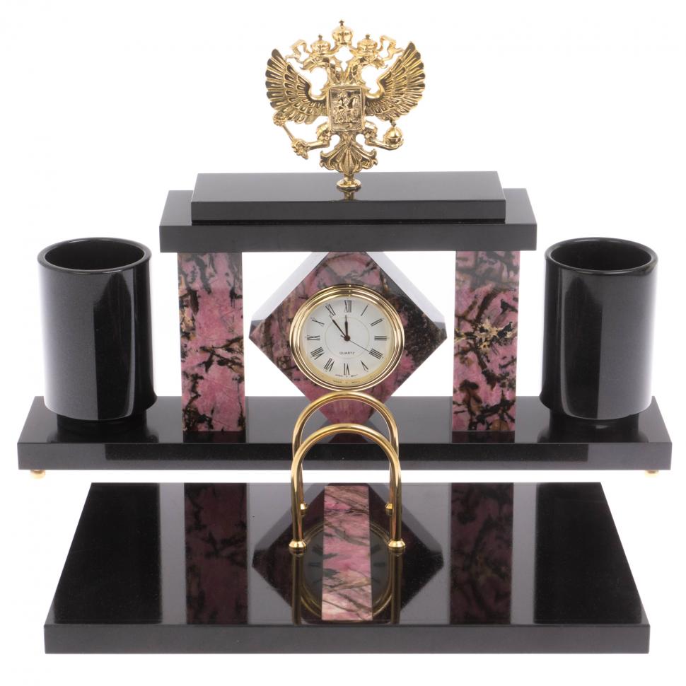 Письменный набор с часами "Герб РФ" из родонита фото 1 — 