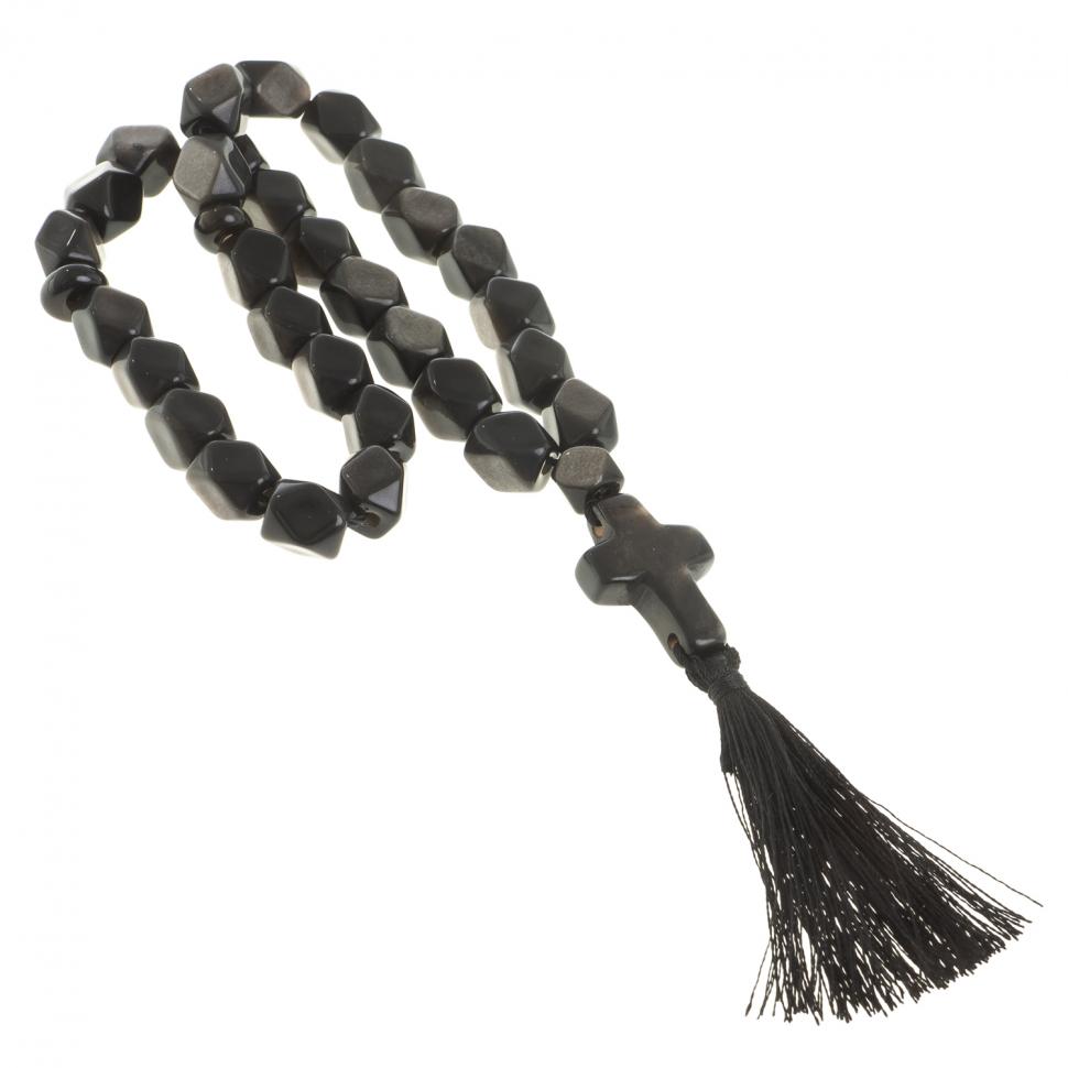 Четки с крестом из обсидиана с иризацией 33 бусины грань фото 1 — 