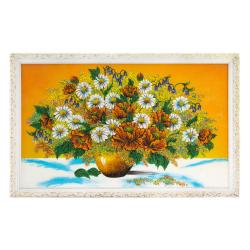 Картина &quot;Букет из маков и ромашек&quot; 57х87 см белый багет оранжевый фон — 