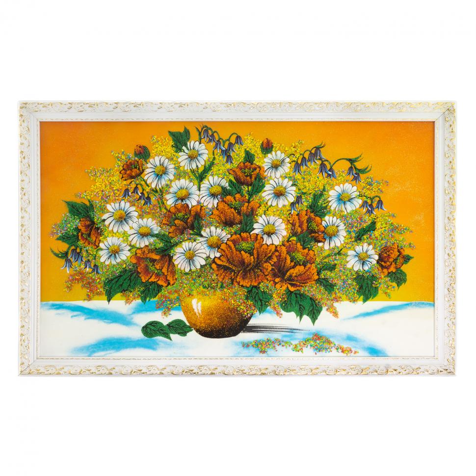 Картина "Букет из маков и ромашек" 57х87 см белый багет оранжевый фон фото 1 — 
