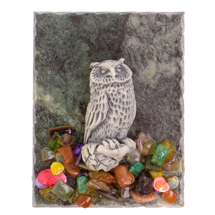 Магнит "Сова на ветке" змеевик мрамолит фото 1 — 