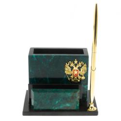 Карандашница с визитницей из темно-зеленого змеевика — 