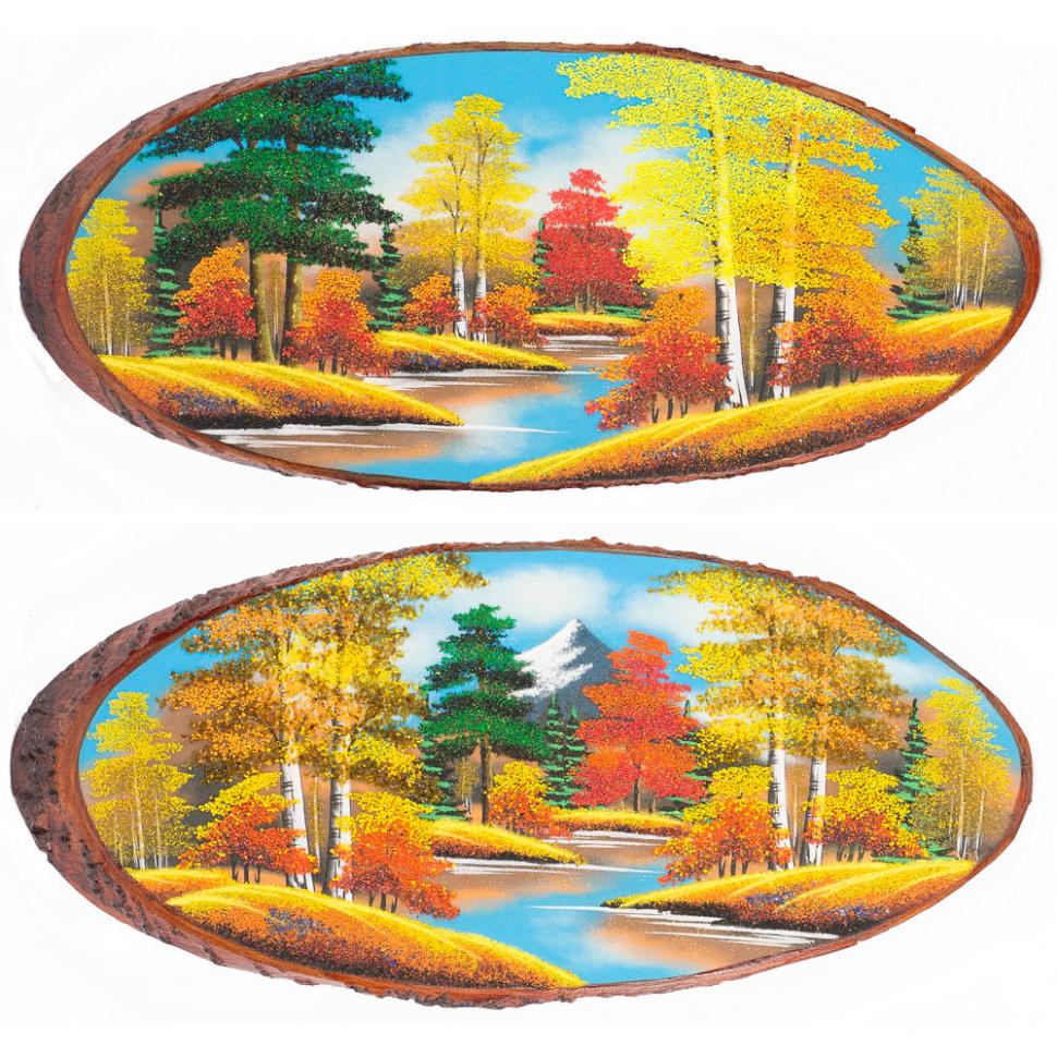 Панно на срезе дерева "Осень" горизонтальное 70-75 см каменная крошка фото 1 — 