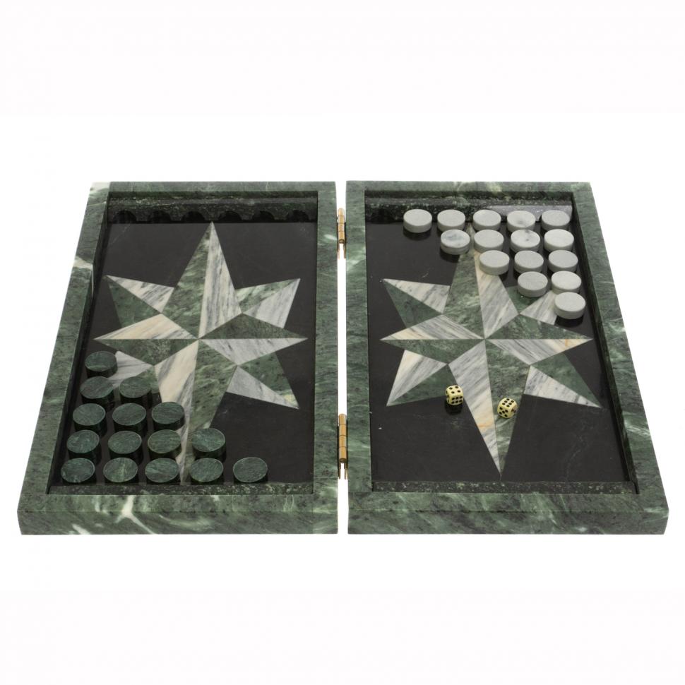 Нарды из камня "Роза ветров" из мрамора и шабровского змеевика фото 1 — 