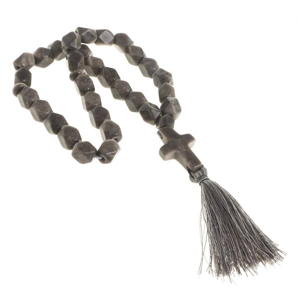 Четки с крестом из серого обсидиана 33 бусины грань фото 1 — 