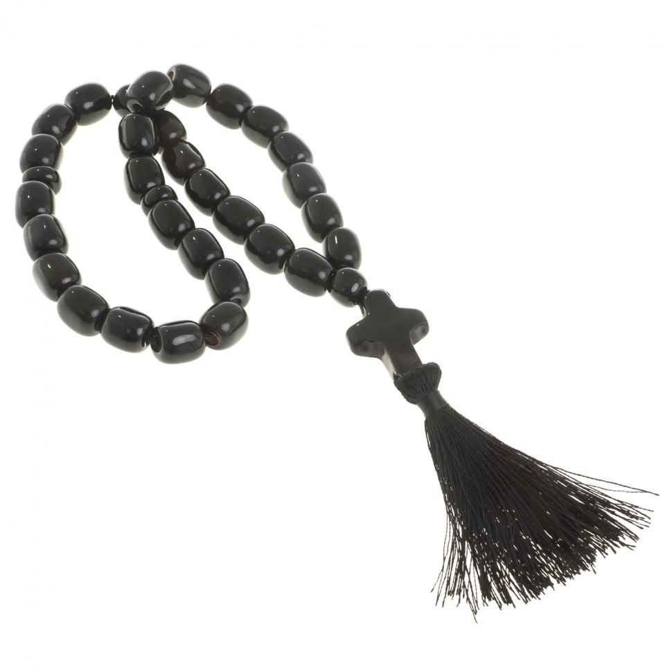 Четки с крестом из черного обсидиана 33 бусины цилиндр фото 1 — 
