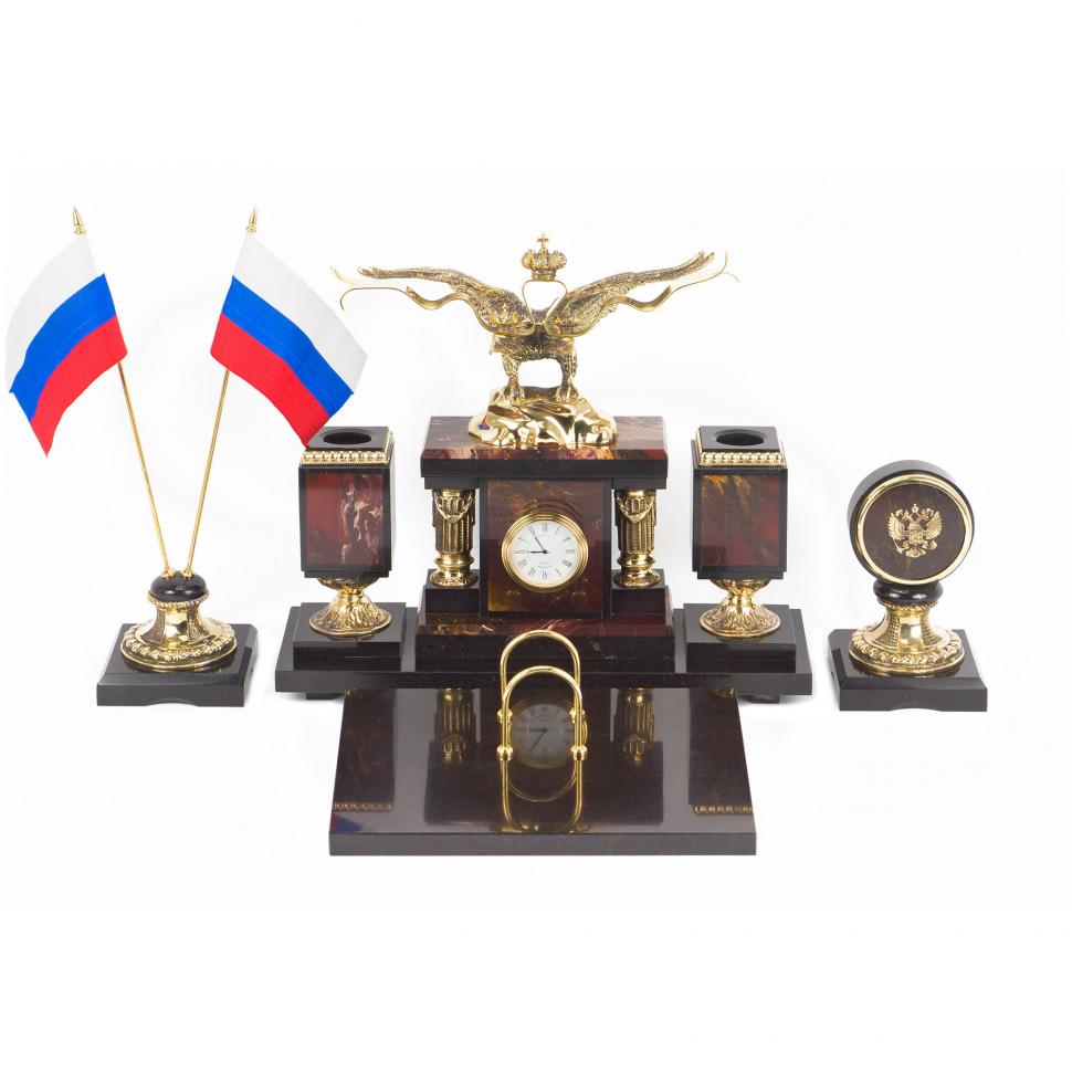 Письменный прибор из камня яшма с бронзой "Двуглавый орел" фото 1 — 