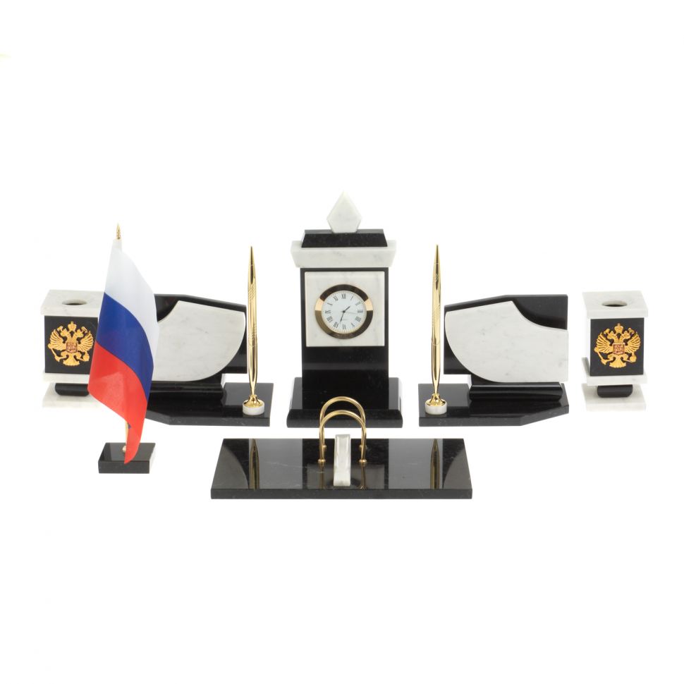 Настольный набор с гербом и флагом России камень мрамор фото 1 — 