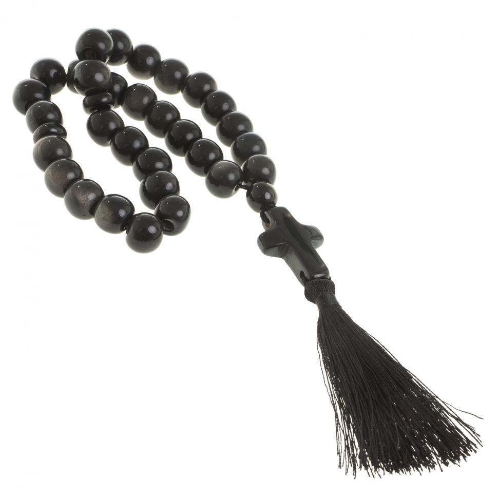 Четки с крестом из черного обсидиана с иризацией 33 бусины круглые фото 1 — 