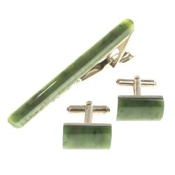 Набор запонки прямоугольные и зажим для галстука нефрит — 