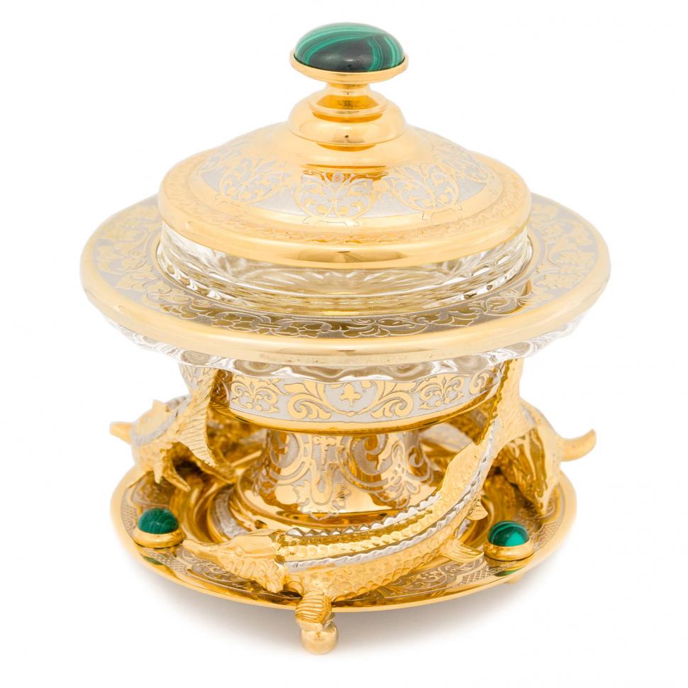 Икорница "Три стерлядки" камень малахит Златоуст фото 1 — 