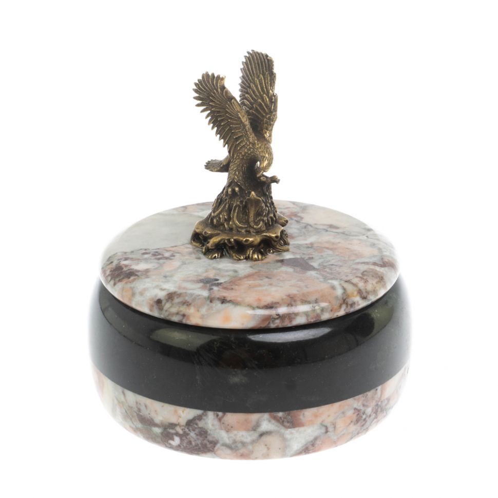 Шкатулка круглая "Орел" из креноида и змеевика 10,5х10,5х11 см фото 1 — 