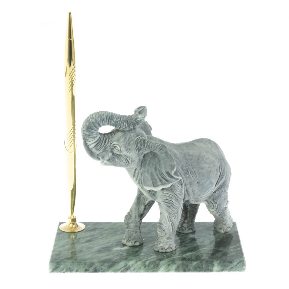 Статуэтка из мрамолита "Слон" на подставке из змеевика фото 1 — 