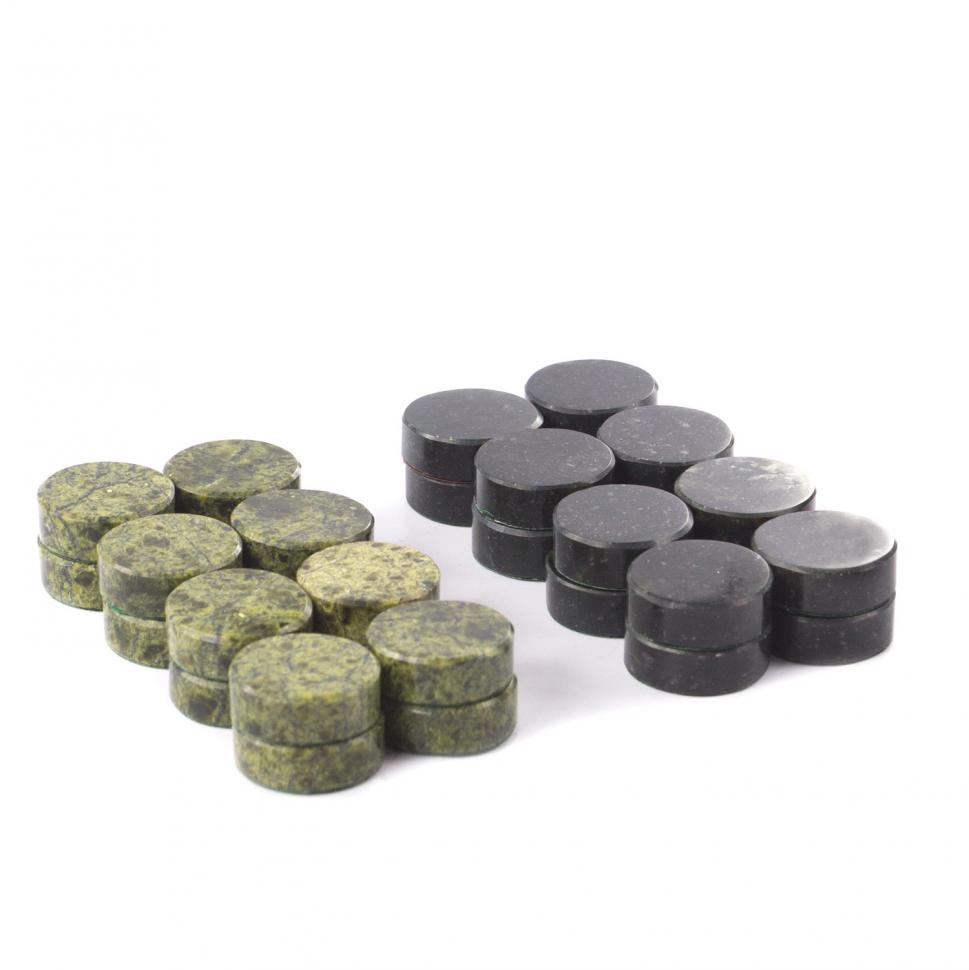 Игральные фишки для нард и шашек 25 мм из камня змеевик 32 штуки фото 1 — 