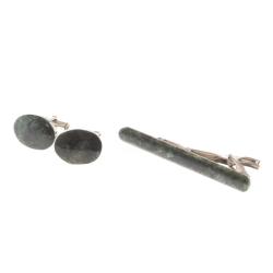 Набор запонки овальные и зажим для галстука камень актиновит — 