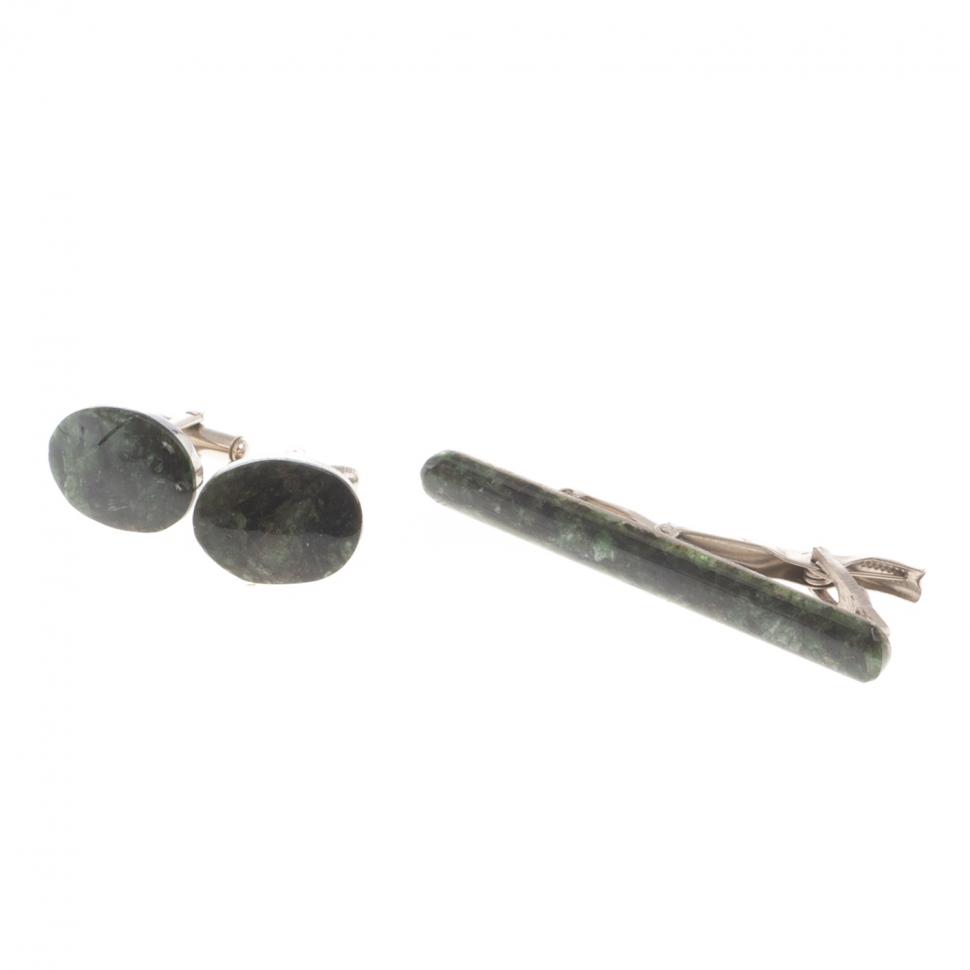 Набор запонки овальные и зажим для галстука камень актинолит фото 1 — 