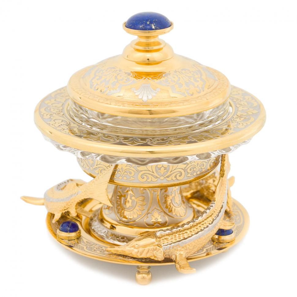 Икорница "Три стерлядки" камень лазурит в подарочной упаковке Златоуст фото 1 — 