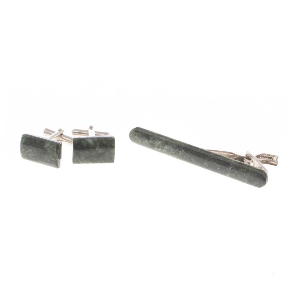 Набор запонки прямоугольные и зажим для галстука камень актинолит фото 1 — 