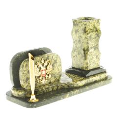 Настольная визитница &quot;Герб&quot; с карандашницей камень змеевик — 