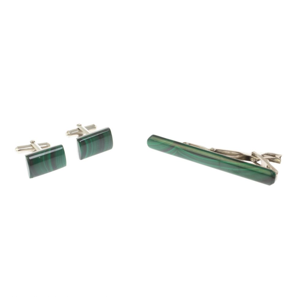 Набор запонки прямоугольные малые и зажим для галстука малахит фото 1 — 