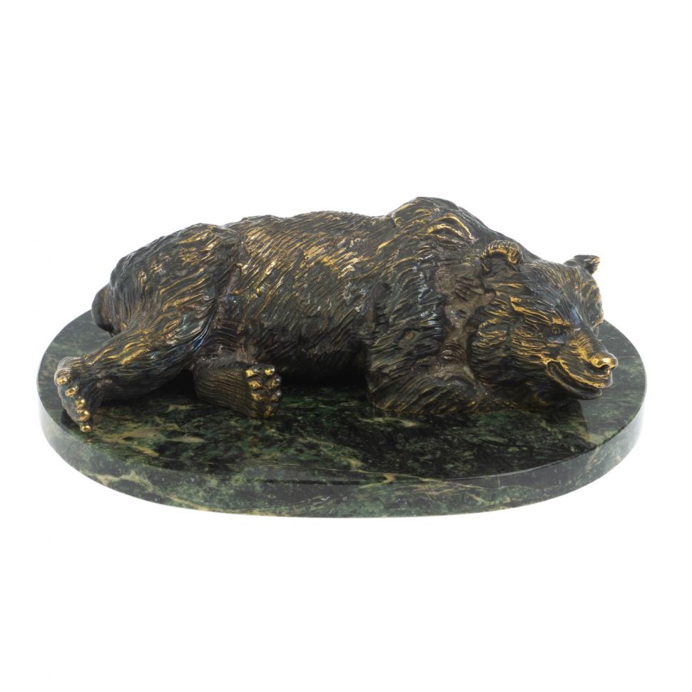 Статуэтка из бронзы "Большой медведь лежит" на подставке из змеевика фото 1 — 