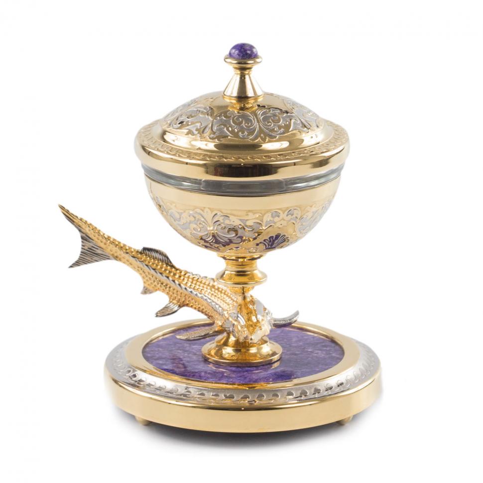 Икорница с рыбкой из бронзы "Стерлядка" камень чароит позолота Златоуст фото 1 — 