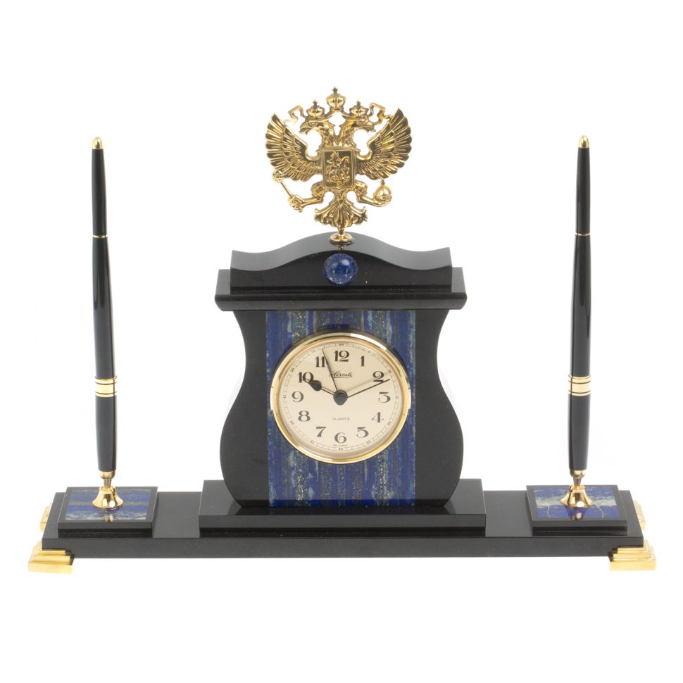 Настольные часы "Герб России" с ручками из лазурита фото 1 — 