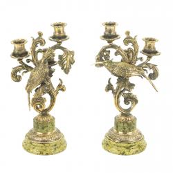 Бронзовые канделябры &quot;Колибри&quot; 3 свечи камень змеевик — 