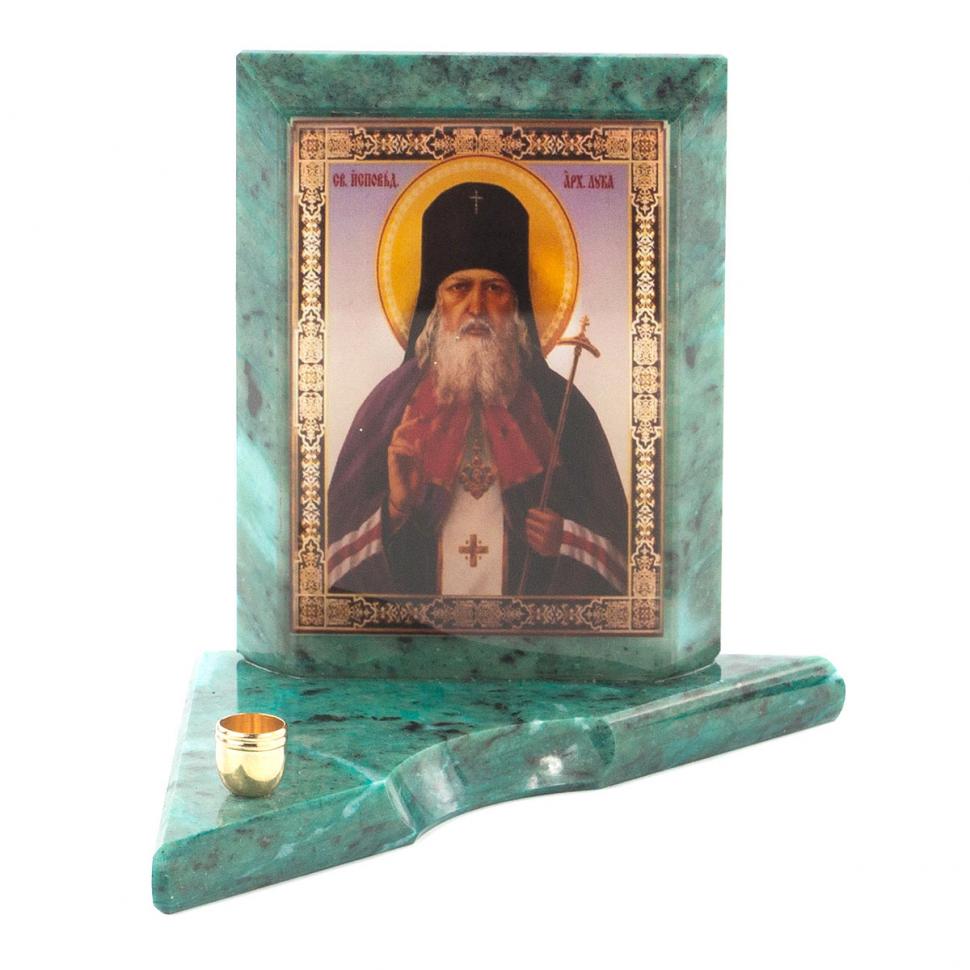 Икона с подсвечником Святой Лука малая из змеевика 9,5х9,5х10 см фото 1 — 