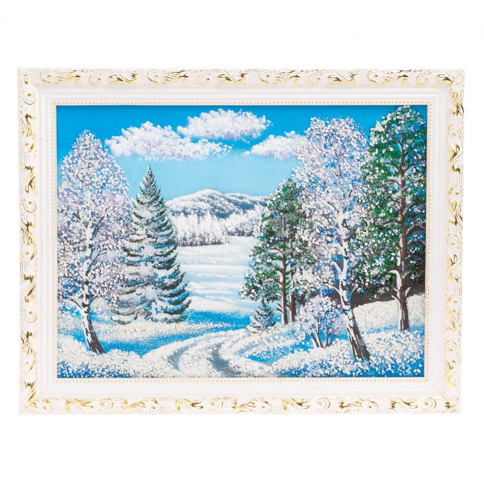 Картина "Зимний пейзаж" белый багет 46х36 см, каменная крошка фото 1 — 