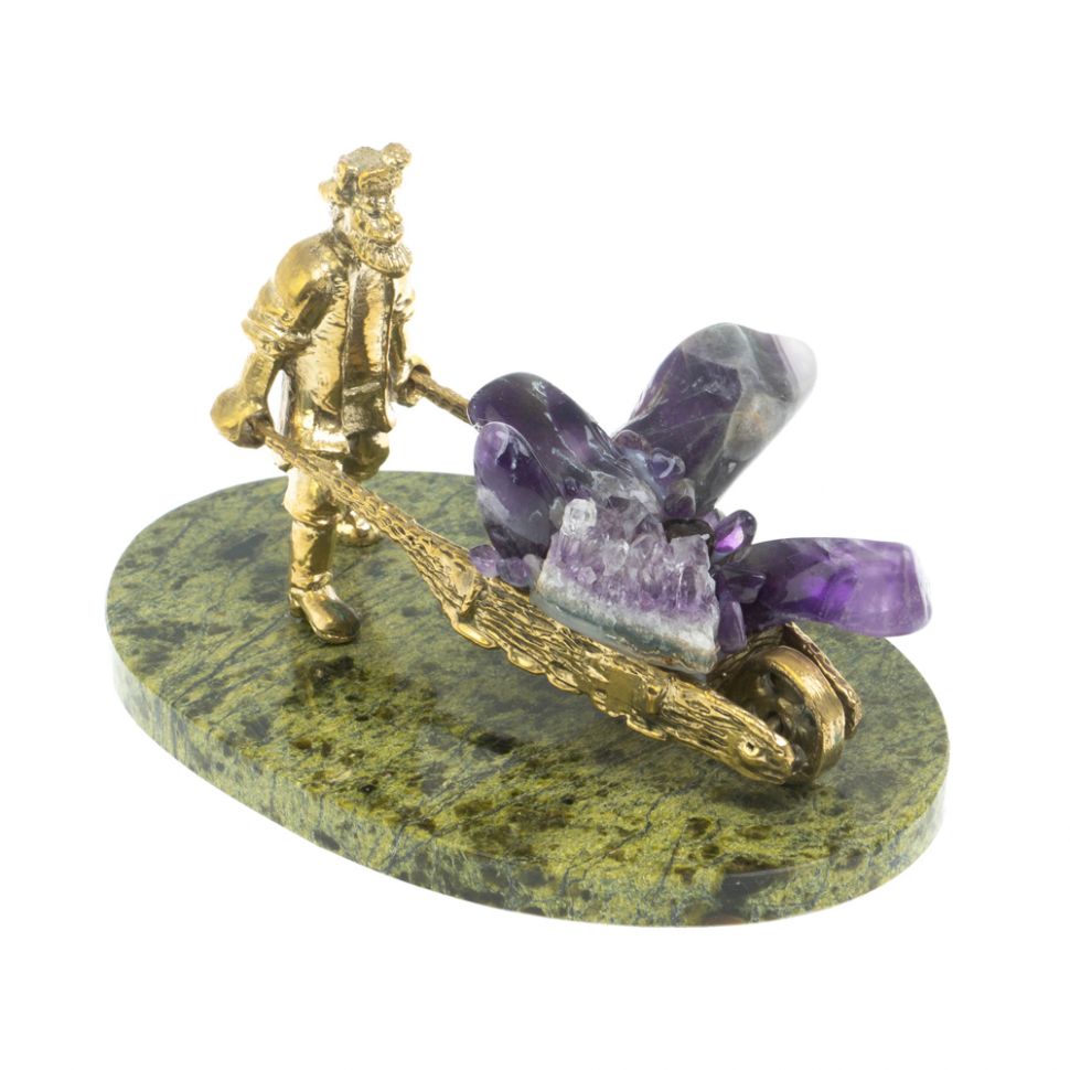 Статуэтка "Старатель с тачкой" бронза / змеевик / аметист фото 1 — 