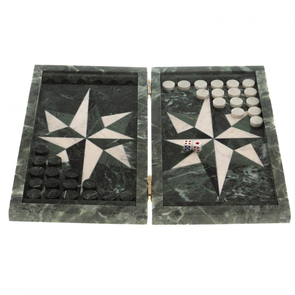 Нарды из камня "Роза ветров" белый мрамор / офиокальцит фото 1 — 