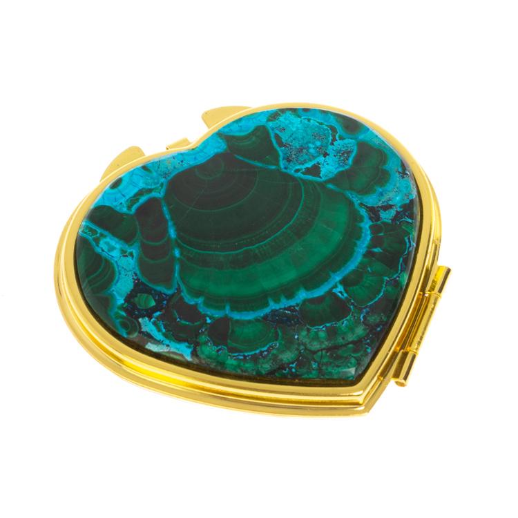 Зеркало карманное "Сердце" из малахита с хризоколлой цвет золото фото 1 — 