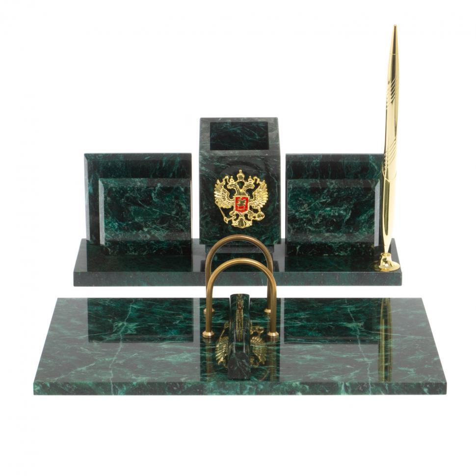 Письменный прибор "Менеджер" с гербом РФ из змеевика фото 1 — 