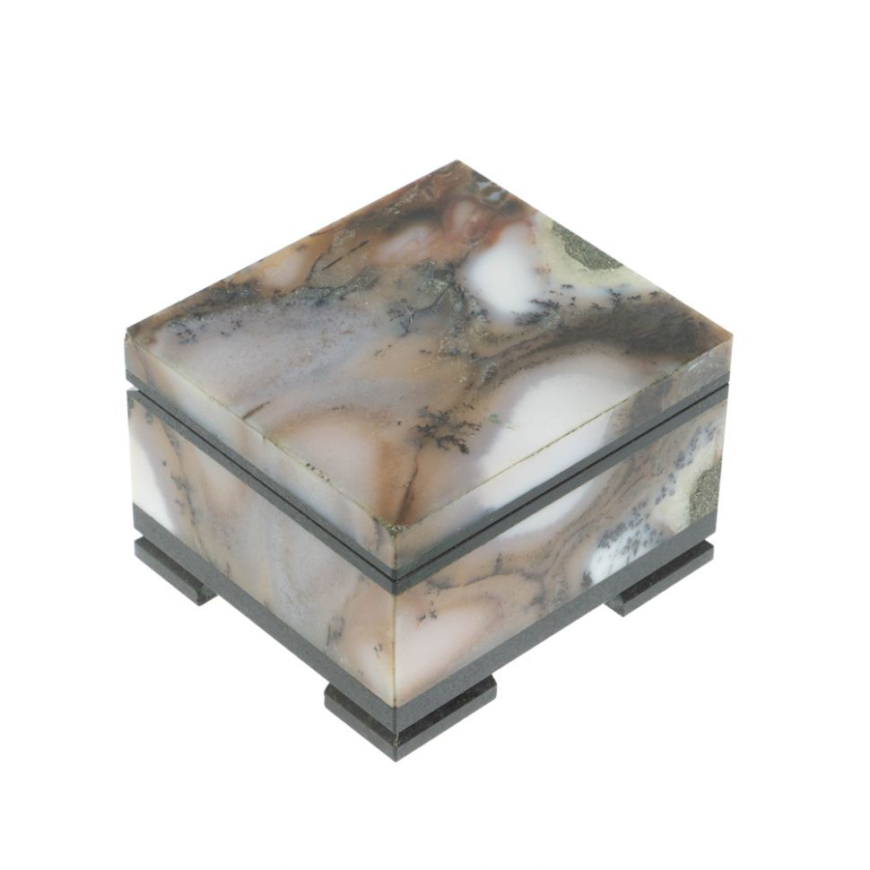 Каменная шкатулка из мохового агата 6,3х5,5х4 см фото 1 — 