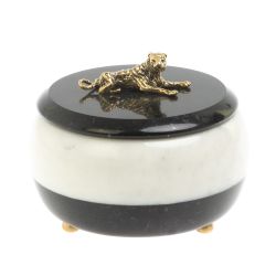 Шкатулка &quot;Тигр&quot; из белого мрамора и черного змеевика 10х10х8 см — 