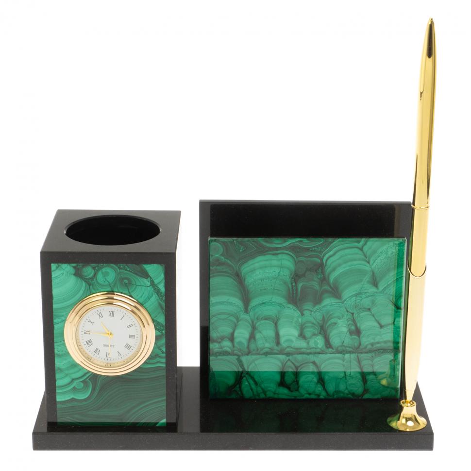 Мини-набор с часами из малахита  18х7х9 см фото 1 — 